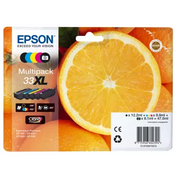 Epson oranžna multipak 5 barv 33XL Claria Premium črnilo, visok (XL) doseg, črna, foto črna, cyan, magenta, rumena, pigmentno črnilo, barvilo, 12.2 ml, 8.9 ml