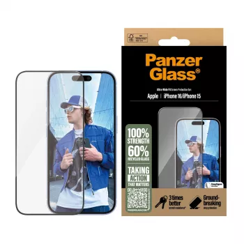 PanzerGlass ® zaščitna folija za zaslon iPhone 16 | 15 | Ultra-Wide Fit