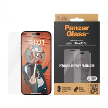 PanzerGlass® zaščitna folija za zaslon iPhone 15 Plus | Classic Fit, Apple, Apple - iPhone 15 Plus, suha namestitev, odporna na praske, odporna na udarce, prozorna, 1 kos