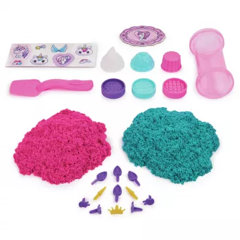 Kinetic Sand Shimmer, komplet za peko samorogov, 16 oz (bleščeče turkizna in roza neon), 8 orodij za samoroge, senzorična igrača za otroke od 3 let