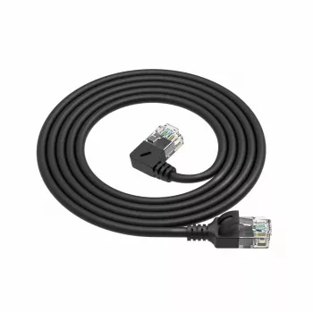ACT črn 0,15 m U/UTP CAT6A LSZH Slimline patch kabel z vtiči RJ45, 90° upognjen levo na ravno