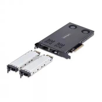 StarTech.com dvo-bay M.2 NVMe SSD na PCIe x8 snemljivo mobilno ohišje; potrebna bifurkacija; namestitev brez orodja, PCIe backplane z dvema hot-swap ležiščema za diske