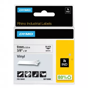 DYMO Rhino industrijske vinilne etikete | 9 mm x 5,5 m | črni tisk na belo | samolepilne | za tiskalnike etiket Rhino & LabelManager