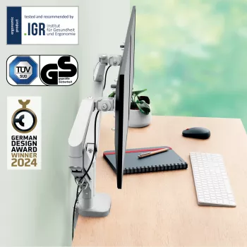 Leitz Ergo prostorsko varčen dvojni nosilec za monitorja, s spono/prehodom skozi mizo, 18 kg, 43,2 cm (17 inch), 81,3 cm (32 inch), 100 x 100 mm, siv