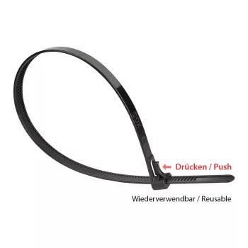 Večkratna kabelska vezica 150 mm x 7,2 mm, črna, UV odporna, -40 °C do +85 °C, 100 kosov (KAB-R15S72)