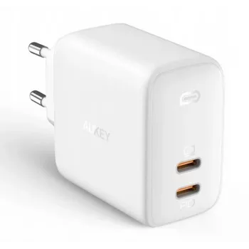 Stenski polnilnik Aukey PA-B4 2x USB bel GaN – kompakten USB napajalnik z dvema USB vratoma