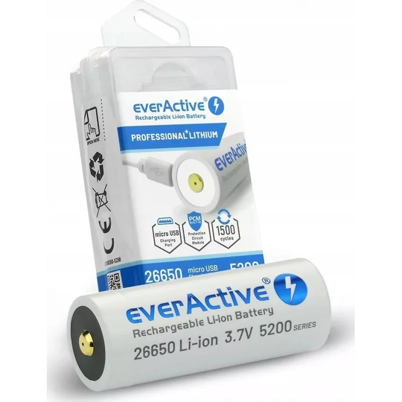 Polnilna baterija everActive EV26650-52M 3,7V 5200mAh s funkcijo polnjenja prek micro-USB