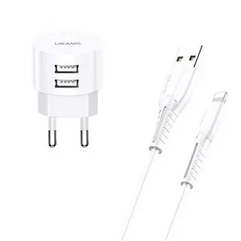 usams polnilnik T20 2x USB 2,1A s kablom Lightning – prenosni stenski polnilnik USB
