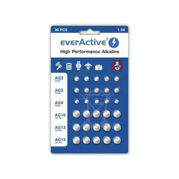 Alkalne baterije everActive AGMIX30BL 1,5 V — paket 30 kosov, gumbne celice