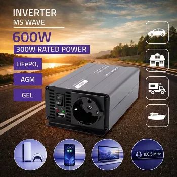 Pretvornik napetosti Qoltec MS Wave 12V na 230V 300/600W USB, združljiv z baterijami LiFePO4 GEL AGM