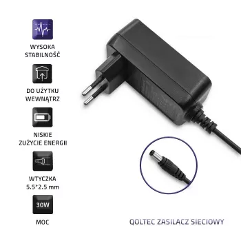 Qoltec stenski napajalnik 30W 15V 2A 5,5x2,5mm črn