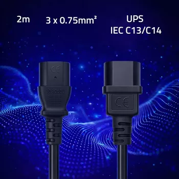 QOLTEC napajalni kabel IEC C13 C14 3x0.75mm² čisti baker 1,8m, črn