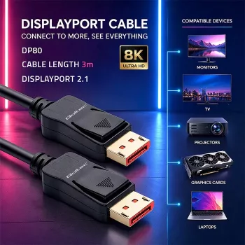 Qoltec kabel DisplayPort 2.1 3m 8K 54Gbps vtič na vtič