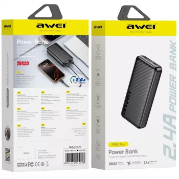 AWEI P6K Pro prenosni polnilnik 20000mAh 2xUSB-A/USB-C, črn