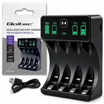 Qoltec 50968 NiMH polnilnik baterij za AA/AAA z LCD in USB-C kablom, črn