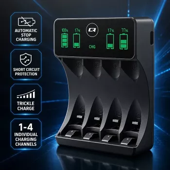 Qoltec 50968 NiMH polnilnik baterij za AA/AAA z LCD in USB-C kablom, črn