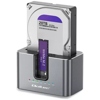 Qoltec 2in1 priklopna postaja za HDD SSD SATA M.2 NVMe s funkcijo kloniranja, USB-C 3.2 Gen 2, 10Gbps, do 28TB, aluminij