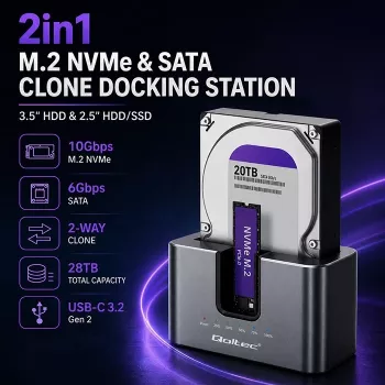 Qoltec 2in1 priklopna postaja za HDD SSD SATA M.2 NVMe s funkcijo kloniranja, USB-C 3.2 Gen 2, 10Gbps, do 28TB, aluminij