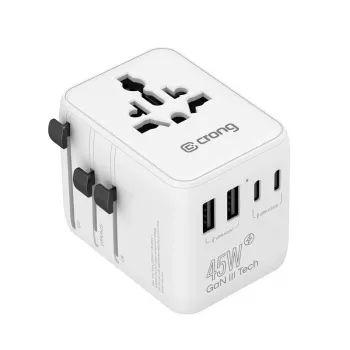 Crong One World potovalni adapter GaN 45W UK/EU/US/AU bel