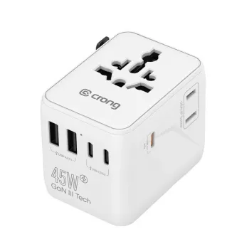Crong One World potovalni adapter GaN 45W UK/EU/US/AU bel