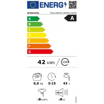 Whirlpool TW621DBFCPL samostoječi pralni stroj s sprednjim polnjenjem, 6 kg, 1200 vrt/min, bel