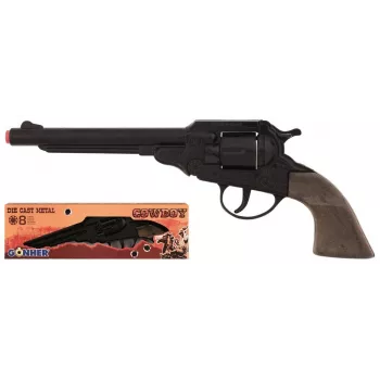 PULIO Cowboy revolver kovinska pokalica z 8 naboji - črno-srebrna z rjavimi ročaji