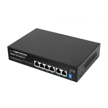 ESPERANZA 6-portno PoE+ gigabitno stikalo 65W GOLIATH (4 vrata PoE+, 2 uplink, 12 Gbps, kovinsko brez ventilatorja)