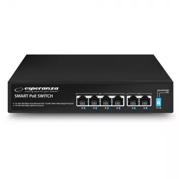 ESPERANZA 6-portno PoE+ gigabitno stikalo 65W GOLIATH (4 vrata PoE+, 2 uplink, 12 Gbps, kovinsko brez ventilatorja)