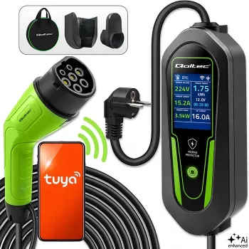 Qoltec prenosni polnilnik za električna vozila Type 2 na Schuko 3,5 kW 16 A 5m kabel z Wi-Fi in LCD