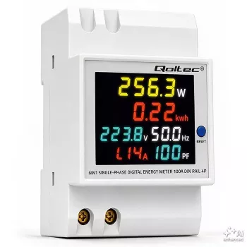 Qoltec enofazni 6-v-1 števec energije za DIN letev s 100A CT, 230V, LCD, impulzni izhod