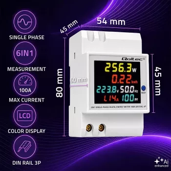 Qoltec enofazni 6-v-1 števec energije za DIN letev s 100A CT, 230V, LCD, impulzni izhod