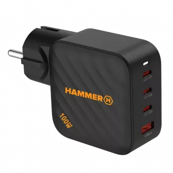 HAMMER RapidCharge 100W GaN stenski polnilnik, 2x USB-C PD 100W + 1x USB-A QC 30W, črn