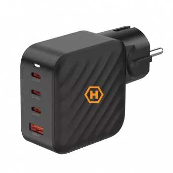 HAMMER RapidCharge 100W GaN stenski polnilnik, 2x USB-C PD 100W + 1x USB-A QC 30W, črn