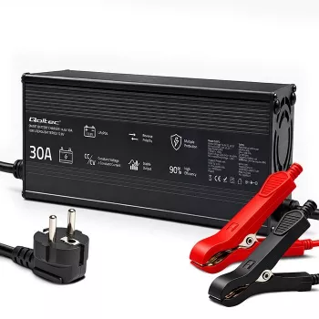 Polnilnik baterij LiFePO4 Qoltec 12V 30A z LED indikatorji in inteligentnim 3-stopenjskim polnjenjem