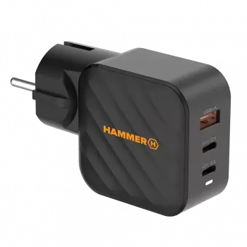 HAMMER RapidCharge 65W GaN napajalnik - 2x USB-C PD, 1x USB-A QC, črn