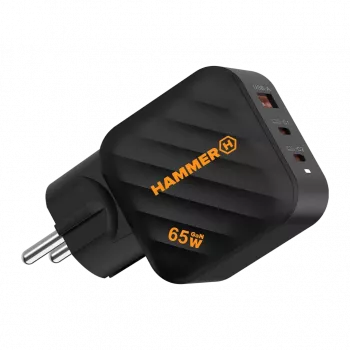 HAMMER RapidCharge 65W GaN napajalnik - 2x USB-C PD, 1x USB-A QC, črn