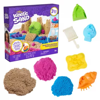 Kinetic Sand Beach Adventure komplet – 907g peska v 3 barvah s kalupi, orodjem in pladnjem za igro