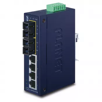 PLANET ISW-621TS15 industrijsko neupravljano L2 Fast Ethernet stikalo s 4x 10/100 + 2x 100Base-FX SC multi-mode, montaža na DIN letev/steno, -40 do 75 °C