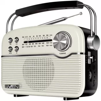 SVEN SRP-500 prenosni Bluetooth zvočnik, bel (3W, FM/AM/SW radio, USB, microSD, AUX, baterija)