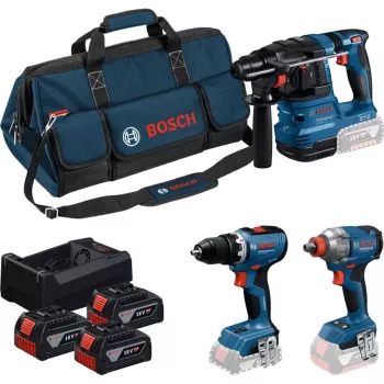 BOSCH Power Tools 18 V Professional komplet: vrtalno kladivo GBH 18V-22 + vrtalnik GSR 18V-65 + udarni vijačnik GDX 18V-285 (moder/črn, 3x 5,0 Ah Li-Ion baterije, torba za orodje)