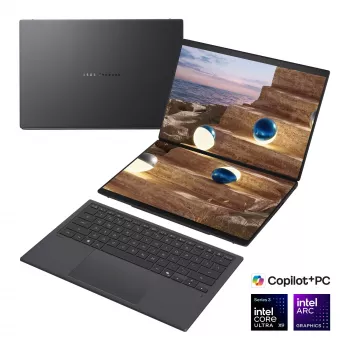 Prenosni računalnik ASUS Zenbook Duo UX8407AA-SN066W 14 inch OLED zaslon na dotik 3K 144Hz, Intel Core Ultra 9 388H, 32GB LPDDR5X, 2TB SSD, Intel Arc Graphics, Windows 11 Home, Moher Gray