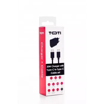 SEEK TOTI 20W stenski polnilnik Type-C PD s kablom Type-C na Type-C, 1 m PVC 3A, črn