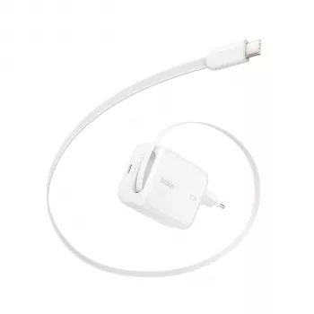 Belkin BOOST CHARGE Pro 67W dvojni GaN stenski polnilnik z izvlečnim kablom USB-C, bel