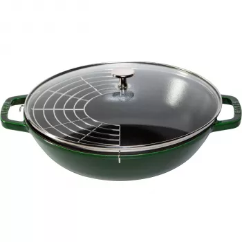 STAUB wok 30 cm s pokrovom lito železo bazilika zelena