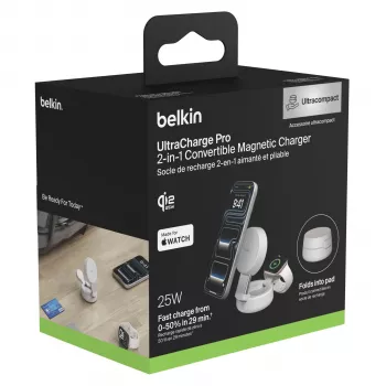Belkin UltraCharge 25W Qi2 magnetna 2-v-1 brezžična polnilna plošča peščena