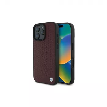 BMW iPhone 16 Pro Max rdeč trd ovitek Sign Leather Diamond Metal Logo MagSafe