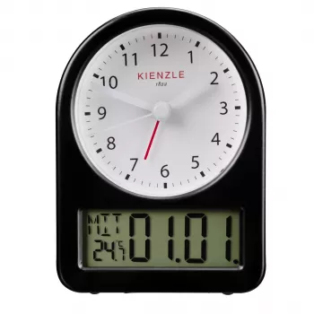 KIENZLE retro budilka (14985) – ohišje iz črne kovine, bela številčnica, svetleči kazalci