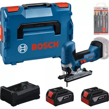 BOSCH PowerTools akumulatorski set vbodne žage z 2 akumulatorjema 5,0 Ah, hitrim polnilnikom in setom listov za vbodno žago v L-BOXX (v škatli)