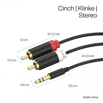 ShiverPeaks avdio 3,5mm jack na 2x RCA stereo avdio kabel 1,5m pozlačen črn