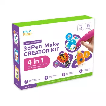 myFirst 3dPen Make Creator Kit - komplet 3D pisala s 3 tematskimi kompleti šablon, 3 premičnimi predlogami modelov in PCL filamenti (rdeče)